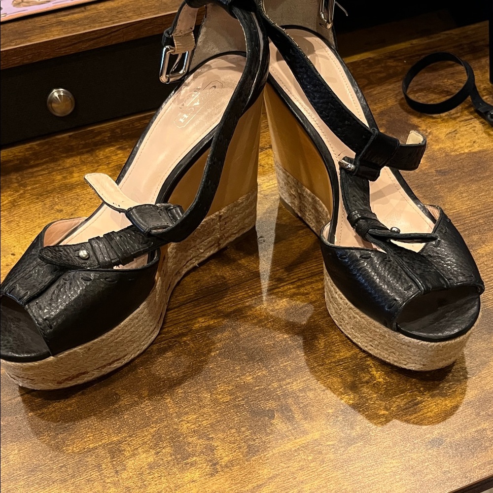 Coach Black and Tan Wedge Sandals